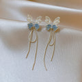 Silver Tone Blue Butterfly Earrings with Fine Chain Tassels view 2
