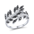 Silver Tone Black And Clear Crystal Leaf Ring Polished Metal Jewelry view 1