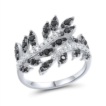 Silver Tone Black And Clear Crystal Leaf Ring Polished Metal Jewelry