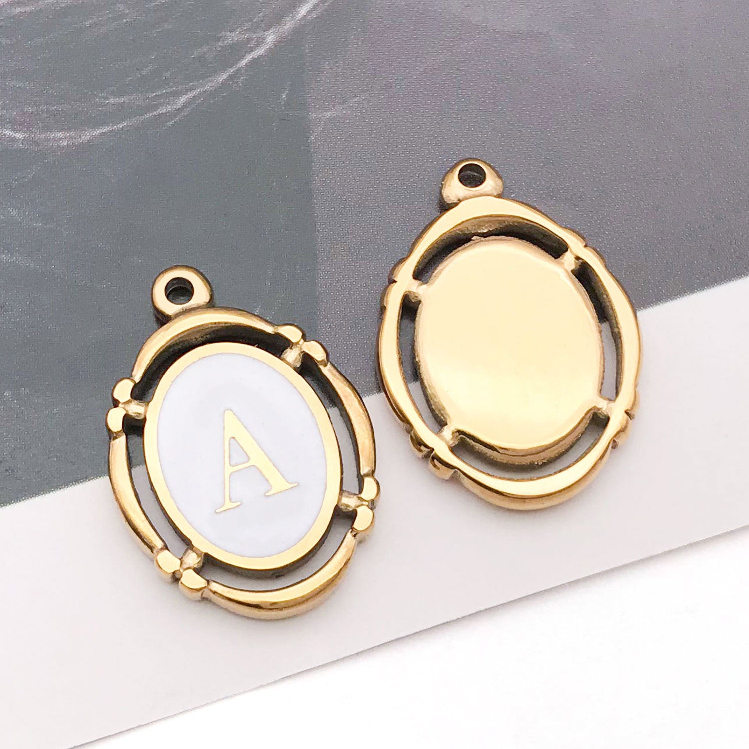 White Enamel Stainless Steel Oval Alphabet Letter Charm Pendant for DIY Necklace Keychain