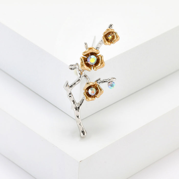 Silver Plum Blossom Branch Brooch Gold Flowers AB Crystal