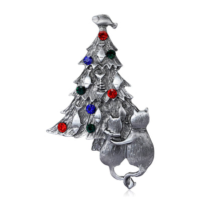 Front view of cat and christmas tree brooch with colorful crystals