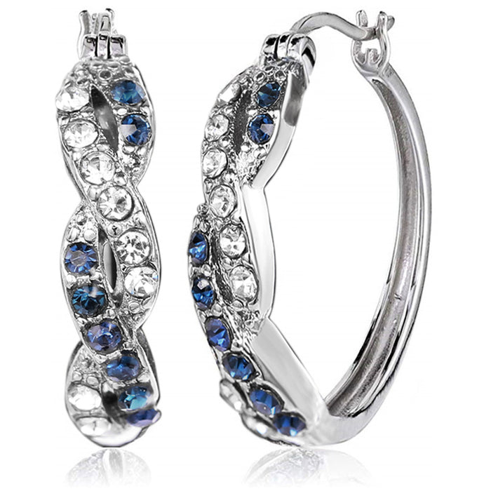Blue and Clear Stone Wavy Silver Tone Hoop Earrings