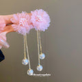Pink Fabric Flower Chain Drop Earrings With Pearl Accents view 4