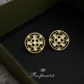 Gold Tone Pink Green Floral Pattern Round Medallion Stud Earrings view 4