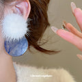 White Pom Pom And Blue Disc Statement Drop Earrings view 3