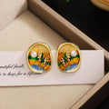 Orange and Blue Landscape Square Statement Stud Earrings view 1