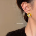 Gold Tone Radiating Petal White Pearl Sunflower Stud Earrings view 2