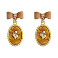 Brown Bow Stud Earrings With Oval Amber Tulip Pendant view 5