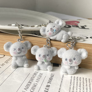 Grey Flocked Koala Plush Keychains Metal Ring 4 Poses