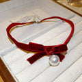 Velvet Bow Choker Necklace With Single Round Pearl Drop view 6