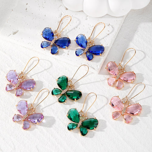 Assorted faceted butterfly crystal drop earrings in blue green purple pink