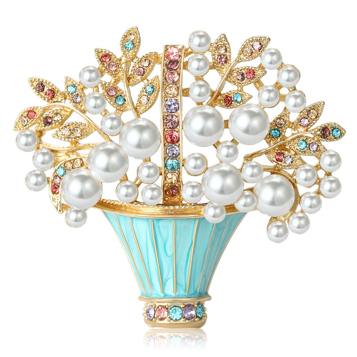 Crystal Flower Basket Brooch In Blue Or Pink Enamel