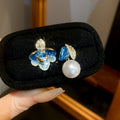 Blue Enamel Flower Stud Earrings With Pearl Drops Statement Pair view 6