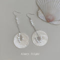 Silver-Tone Round Shell Disc Long Pearl Chain Drop Earrings view 6
