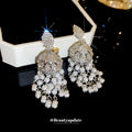 Silver Tone Beaded Chandelier Earrings With Clear Crystals view 2