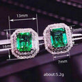 Green Emerald-Cut Double Halo Stud Earrings with Clear Stone Details view 4
