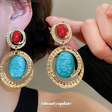 Red Blue Oval Resin Cameo Statement Drop Earrings For Women