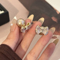 Pink Bow Champagne Pearl Look Jacket Stud Earrings view 2
