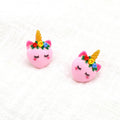 Pink Resin Cute Closed Eye Unicorn Face Stud Earrings view 1