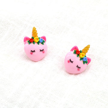 Pink Resin Cute Closed Eye Unicorn Face Stud Earrings