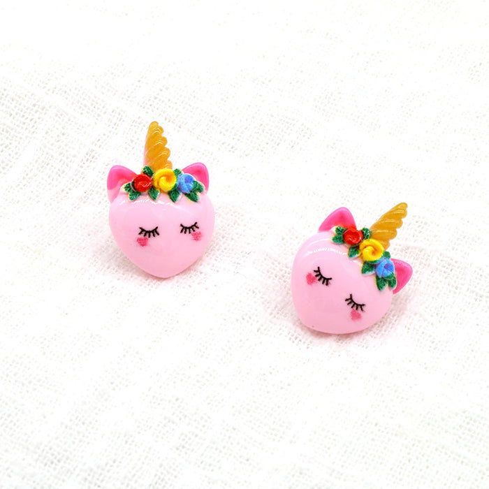 Pink Resin Cute Closed Eye Unicorn Face Stud Earrings