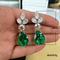 Silver Tone Green Teardrop CZ Three Leaf Drop Earrings view 5