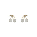 Gold Cherry Stud Earrings White Glitter Orbs CZ Leaves view 5
