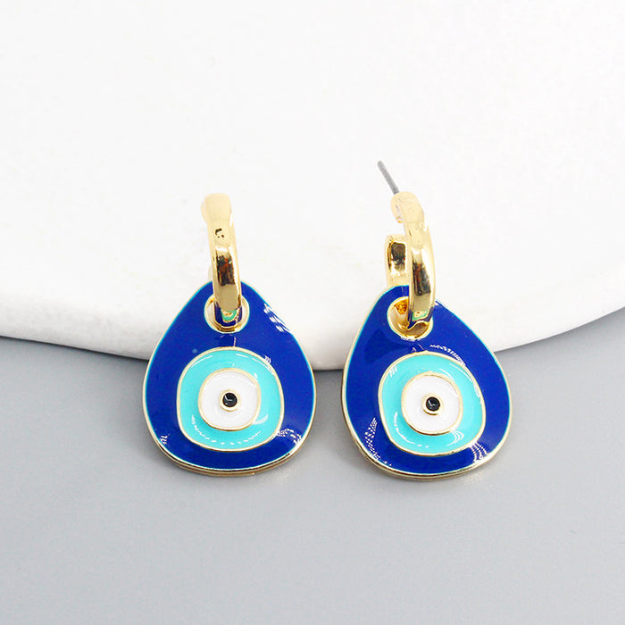 Gold Tone Blue Teardrop Evil Eye Huggie Drop Earrings
