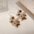 Beige Butterfly Print Brown Bead Long Hook Earrings view 3