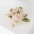 Flower Cluster Brooch In Metal With Pale Enamel Blossoms And Green Leaves view 4