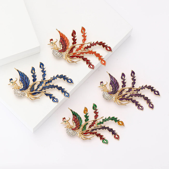 Gold Tone Long Tail Phoenix Brooch in Four Enamel Colors