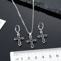 Silver Tone Black Enamel Cross Pendant Necklace and Huggie Earrings view 4