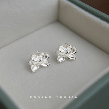 Silver Tone Textured Lotus Flower Stud Earrings Pair