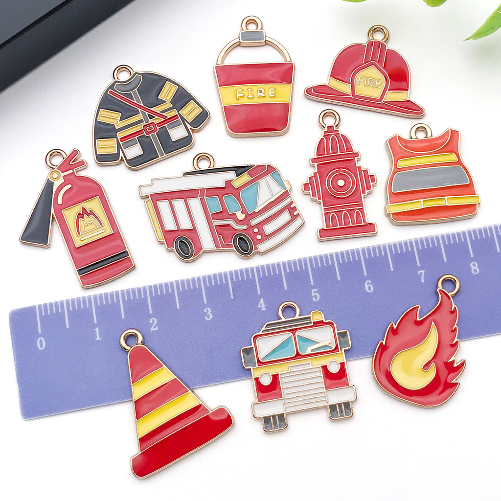 Enamel Zinc Alloy Fire Helmet Fire Truck Extinguisher Charm Pendant for DIY Jewelry
