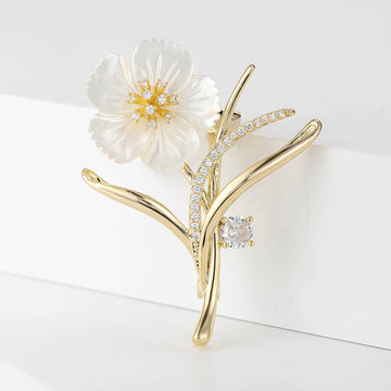 White Shell Flower Branch Brooch with Crystal Buds