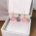 Pink Peach Fruit Green Leaf Gold Tone Small Huggie Earrings view 3