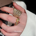 Gold Flower Open Rings Multicolor Gem and Embossed view 3