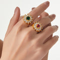 Gold Sunflower Open Rings Red Or Green Center Zircon view 2