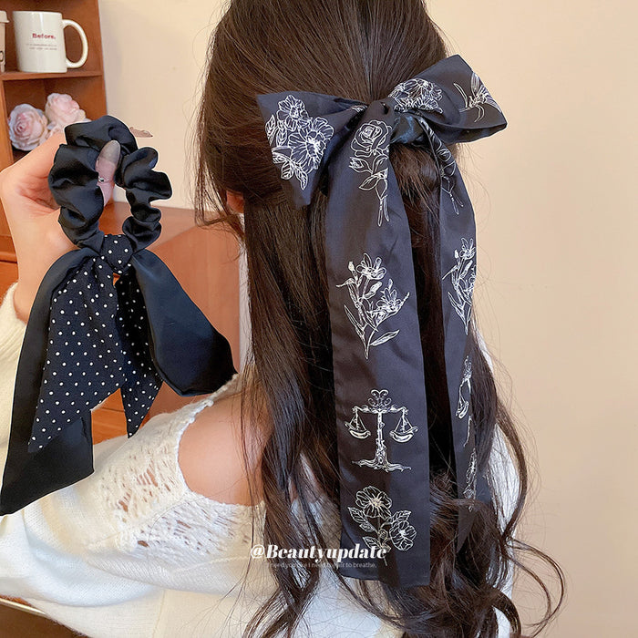 Black Fabric Bow Scrunchie Polka Dot Floral Print 2 Styles