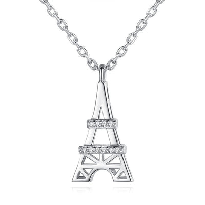 White gold mini Eiffel Tower clear stone pendant necklace front close-up