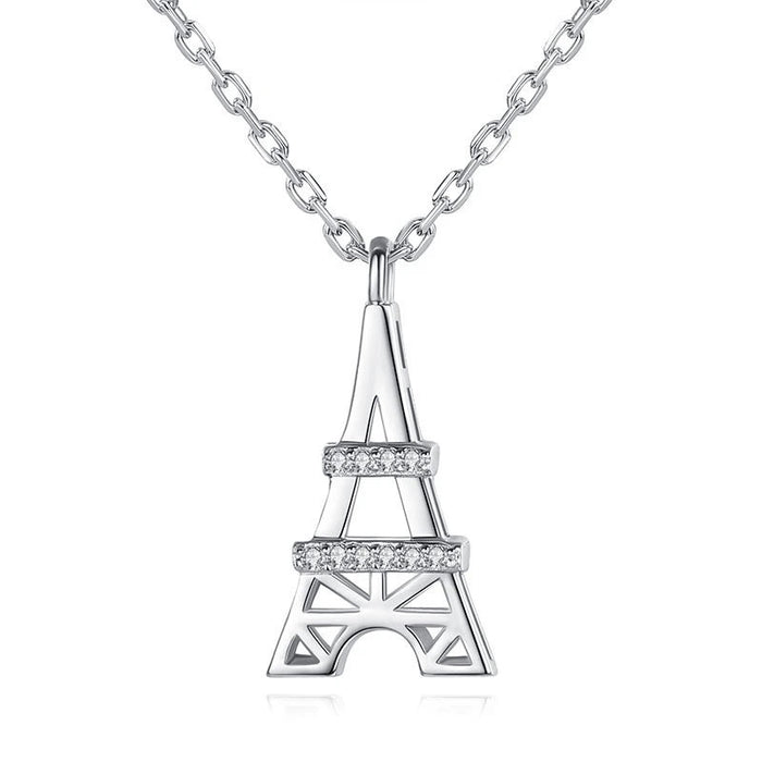 Mini Eiffel Tower Clear Stone Pendant Necklace White Gold Tone