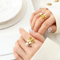 Gold Steel Open Flower Pearl Ring Adjustable Brass Band view 4