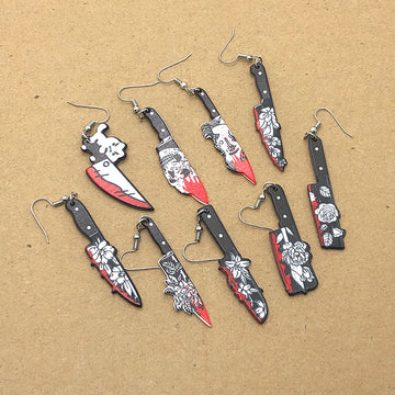 Black Red Floral Knife Novelty Hook Earrings in Ten Designs