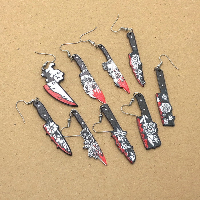 Black Red Floral Knife Novelty Hook Earrings in Ten Designs