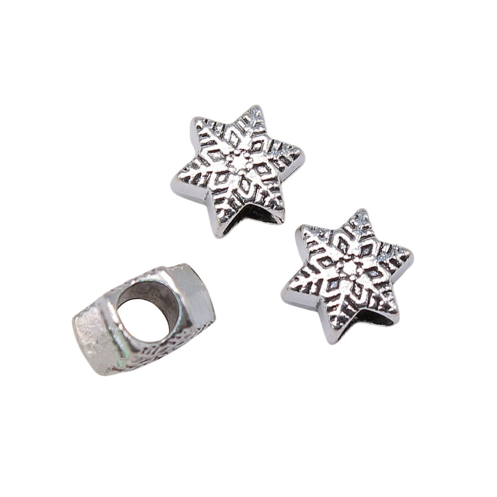 9x9x6mm 1.3g Antique Silver Zinc Alloy Snowflake Large Hole Beads for Bracelet DIY Jewelry Making