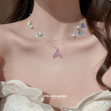 Mermaid Tail Shell Pearl Double Strand Invisible Wire Necklace