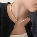 White Pearl Bead Choker Necklace Silver Bow Accents view 3