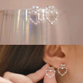 Silver Tone Crystal Heart Bow Stud Earrings with Polished Finish view 1