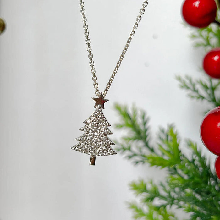 Silver Tone Christmas Tree Pendant Necklace With Clear Stones